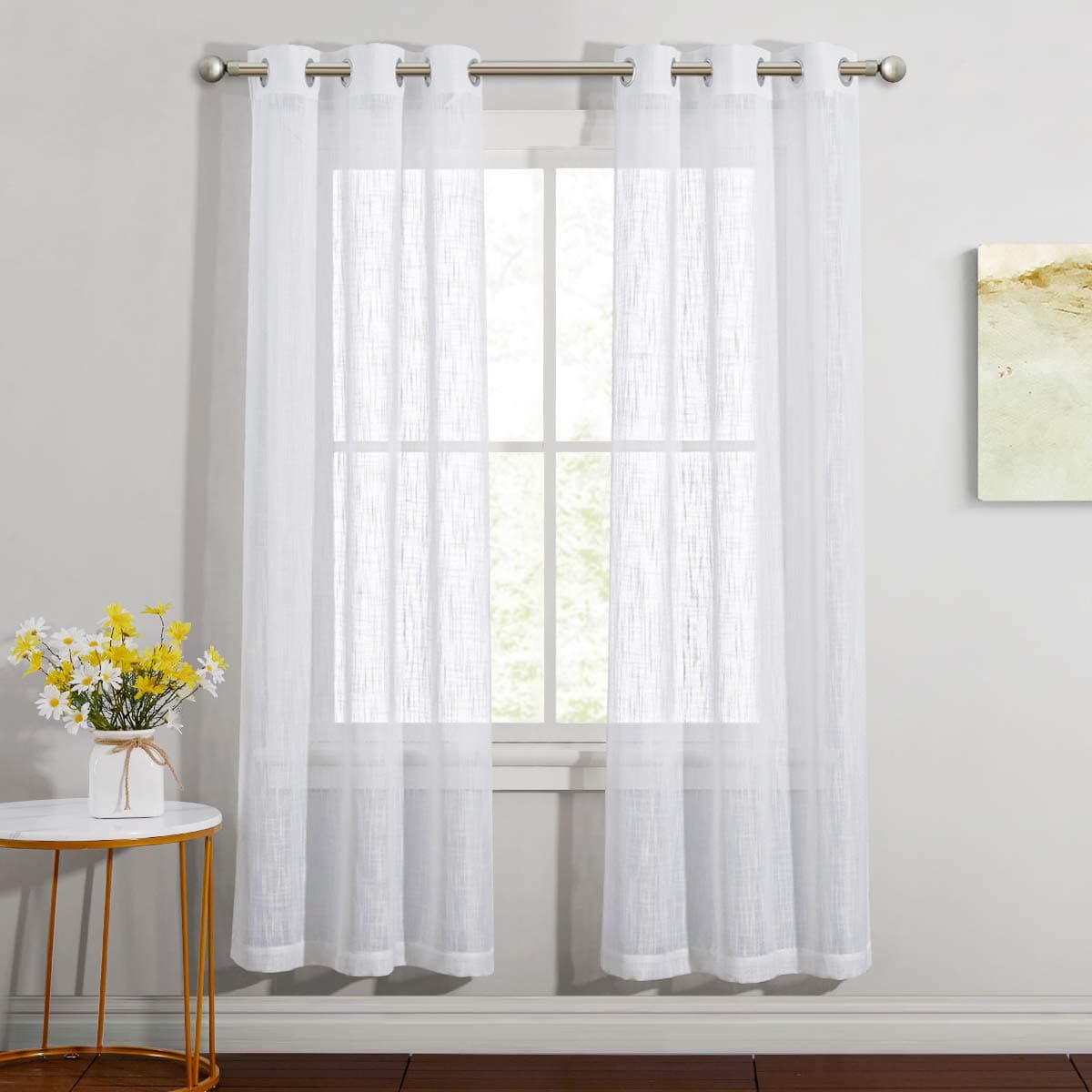 NICETOWN Linen Curtains White Semi Sheer 72 inch Long for Windows Privacy with Light Filtering Grommet Top Window Treatments for BedroomLiving Room W34 x L72 2 Panels