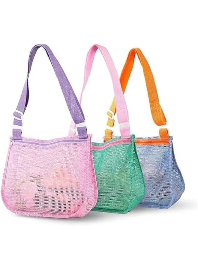 3 Pack Beach Toy Mesh Beach Bags, Kids Shell Collecting Bag Sand Toy Seashell Bag for Kids with Adjustable, Carrying Straps Sand Toys Beach Toys Swimming Accessories for Boys and Girls