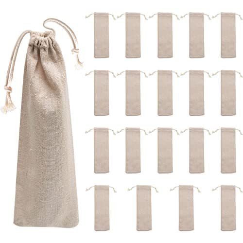 Saihisday 20 Pcs Cotton and Linen Pouch Bag Straw Carrying Cases, Straw Pouch for Stainless Drinking Straws, Reusable Cutlery Bag with Drawstring Fit Fork Spoon Storage for home kitchen