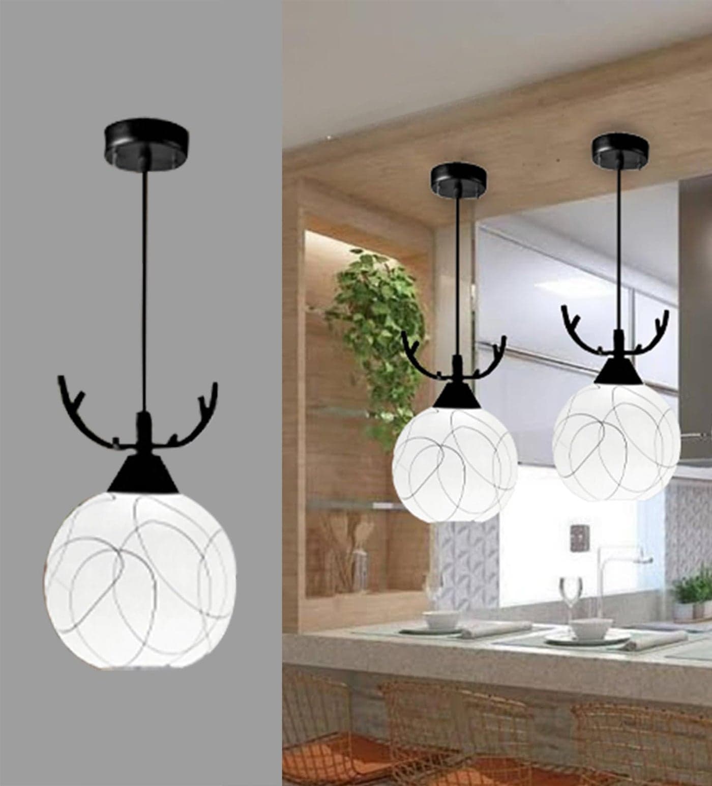 BrightLyt Hanging Light for Kitchen Arch/Island, Pendant Lamps for Dining Tabel, Corridor, Balcony Ceiling, Gallery, Lobby (Deer Horns Desing Frosted Glass, Model Number 2)