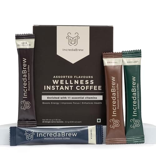 IncredaBrew Assorted Flavours Wellness Instant Coffee Powder - 20 Cups, Vitamin Rich Flavoured Coffee, 4 Flavours x 5 Flavoured Instant Coffee Sachets (2.2g) | Gold Blend