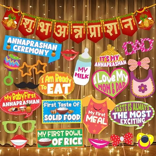 Wobbox Shubh Annaprashan Decoration Items Set which Includes Baby annaprashan Ceremony Props, Subh Annaprashan Banner, Rice Light Decoration, Rice Ceremony Decorations Items(27 Pcs Set)(FP5695)