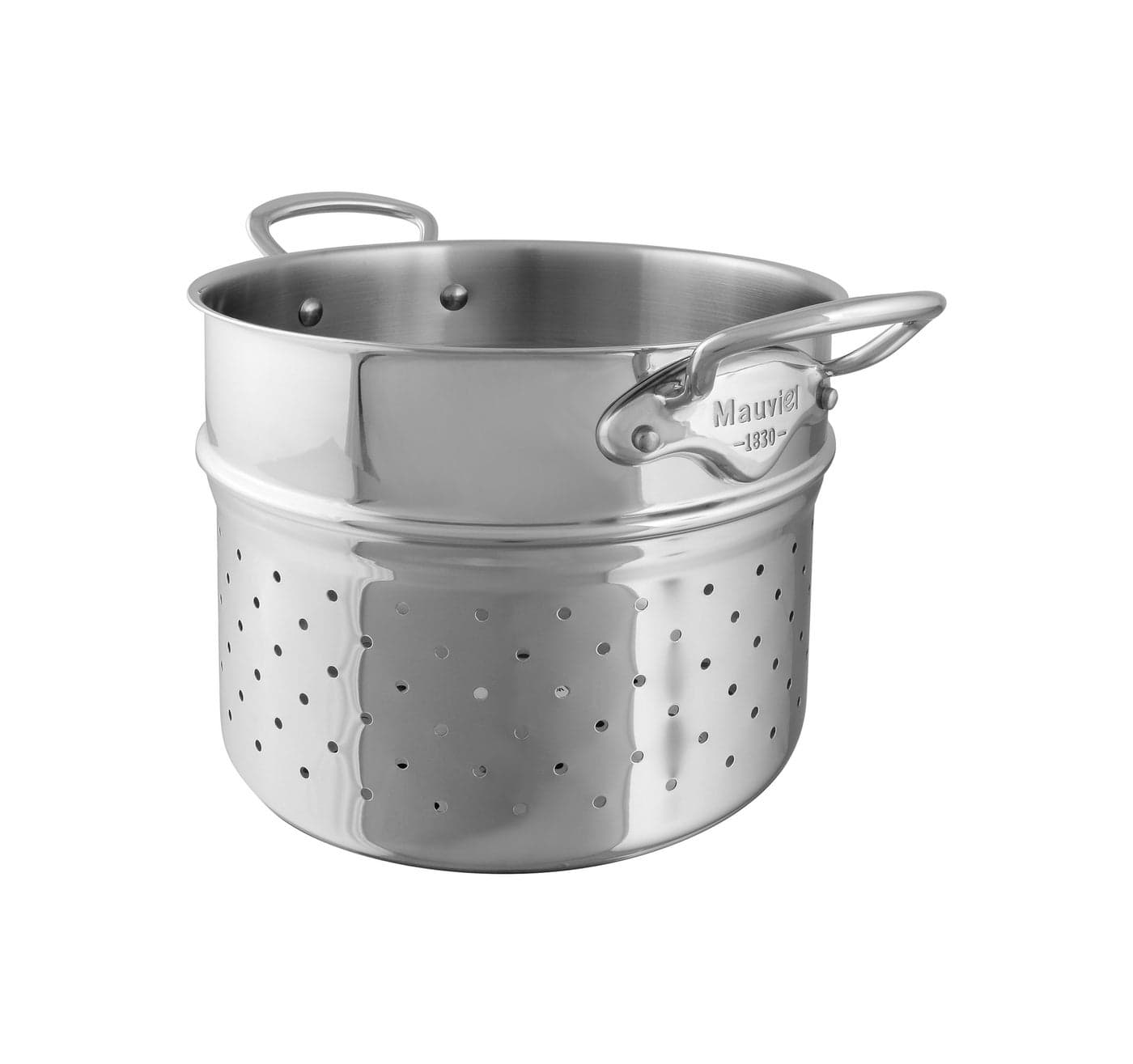 Mauviel M'Cook Polished Stainless Steel Pasta Insert With Cast Stainless Steel Handles, 9.4-in, Made In France