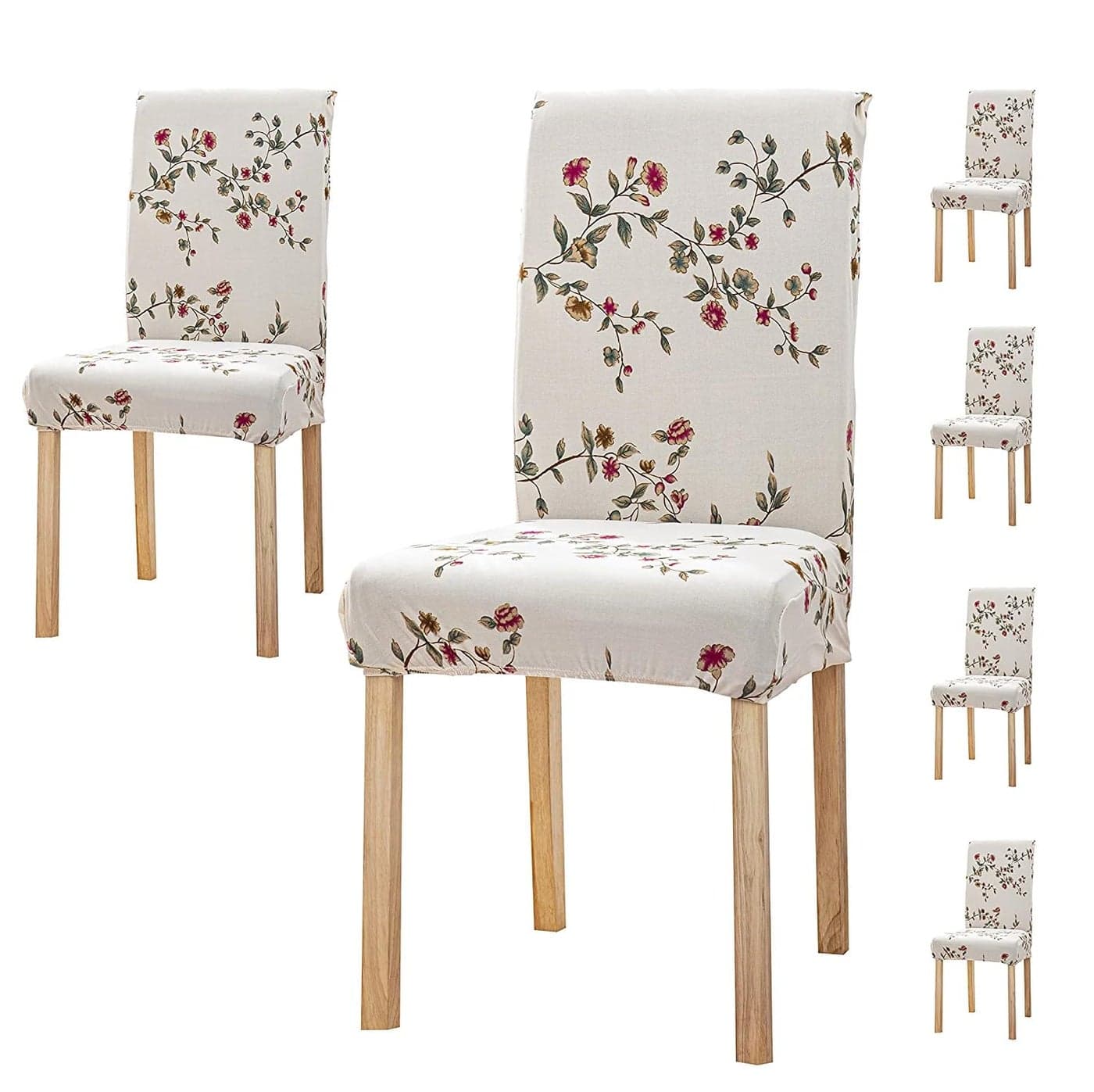 Styleys Polyester Chair Covers Printed Washable Elastic Dining Chair Cover Slipcovers (Set of 6 Beige Tulip Flower, SD128)