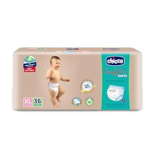 Chicco Comfy-Pro Pant Style Baby Diapers | Anti-bacterial benefits | Ultra Soft & 12hrs protection | Wetness indicator & Disposing Tapes - XL, 36 Count, 12-17 Kg