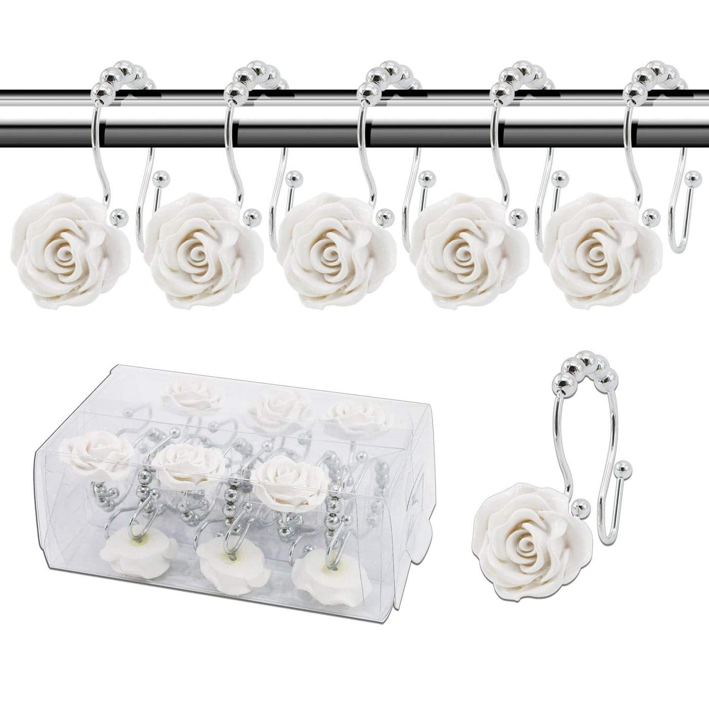 BEAVO Rose Shower Curtain Hooks12 Pcs Double Glide Shower Curtain Rings Stainless Steel Rustproof Decorative Shower Hook Ring with Resin Rose Flower for Bathroom Shower Rods White