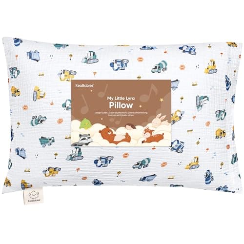 KeaBabies Toddler Pillow with Pillowcase – 13x18 Soft, Breathable Organic Cotton Muslin Kids Pillow for Sleeping, Travel, Preschool Nap, Small Bed, Toddler Age 2 Year Old to 5 (Diggers)
