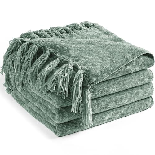 LONG CREATE Chenille Throw Blanket for Couch 50"X 60", Soft Cozy Throws with Fringe Tassel for Bed Sofa Chair Cover, Lightweight Knitted Decorative Boho Blankets for Living Room, Sage Green