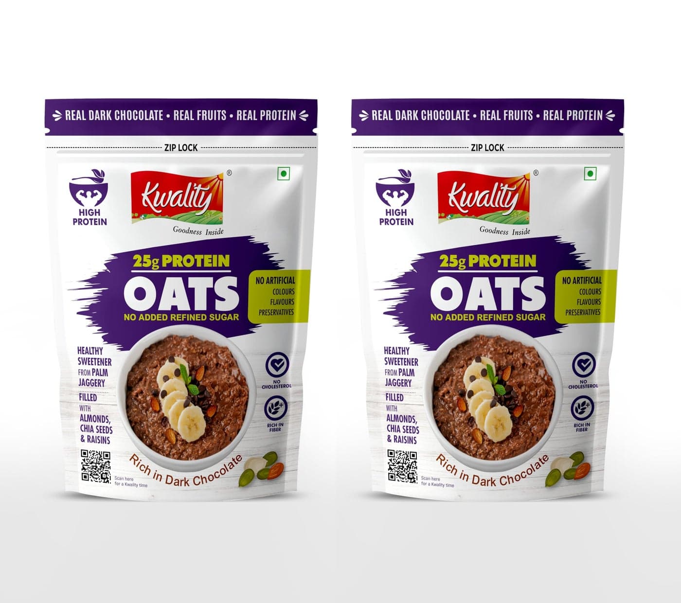 Kwality 25g High Protein Oats 400g Each (Pack Of 2) | Multigrain Rolled Oats with Whey & Soy Protein | No Refined Sugar | With Almonds, Raisins, Pumpkin & Chia Seeds | High Fiber | Gluten Free | Quick Breakfast for Weight Loss & Fitness