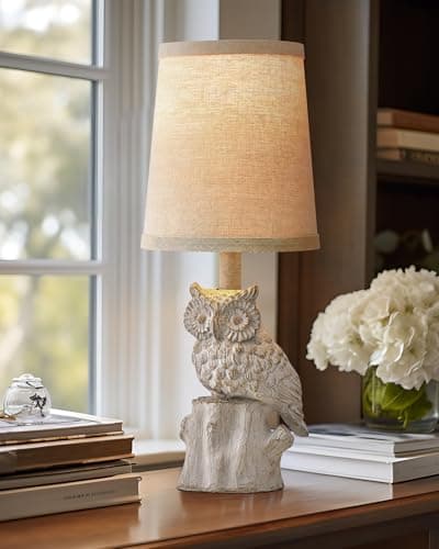 G-SAFAVA 14.25" Small Table Lamp for Living Room Farmhouse Bedside Resin Single Lamp with White Owl Lamp Shape for Bedroom Retro Rustic Nightstand Lamp