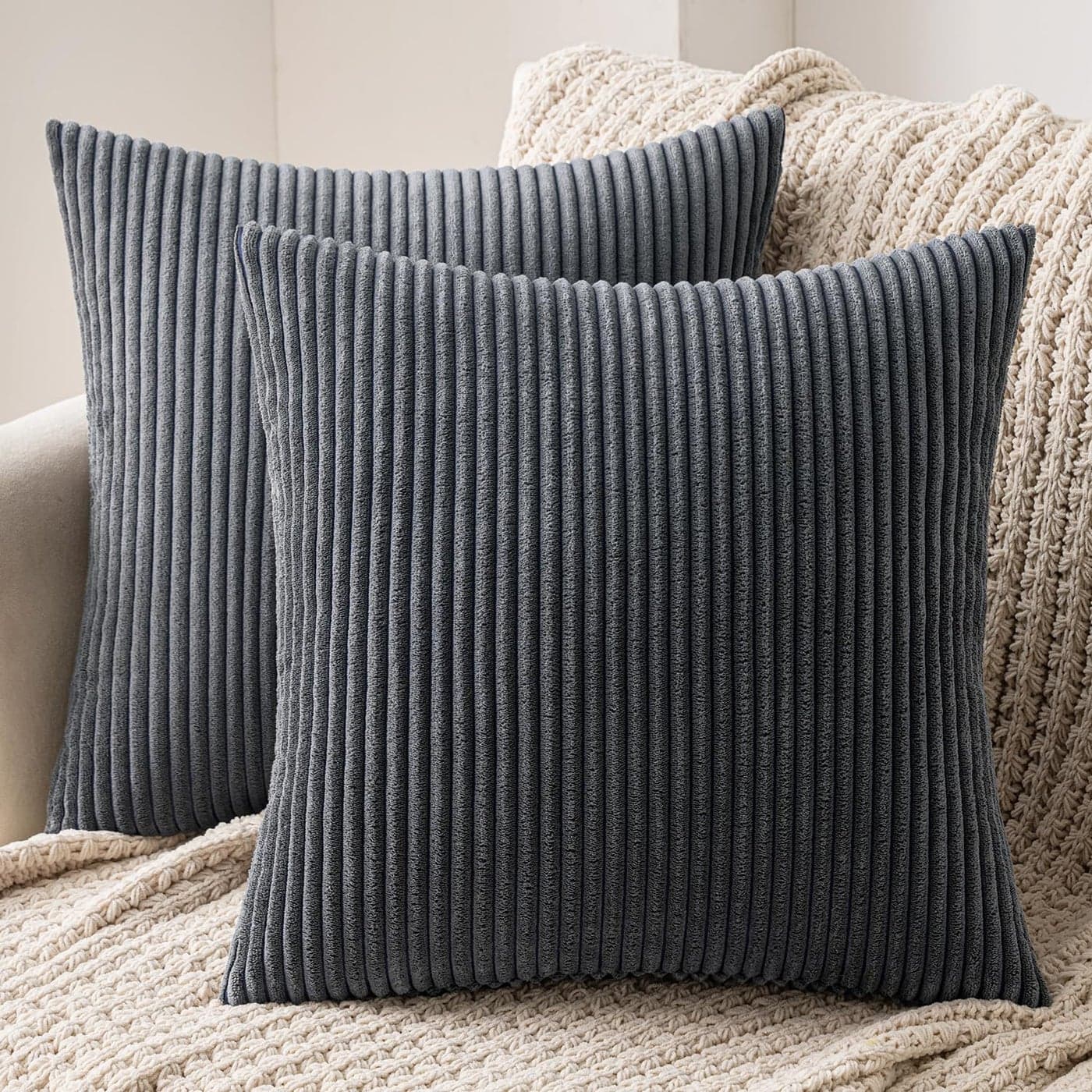MIULEE Set of 2 Striped Corduroy Square Throw Pillow Case Soft Cushion Covers Sham Home for Sofa CouchBedroom Decorative Fluffy Large Pillowcases 16x16 Inch 40x40cm Grey