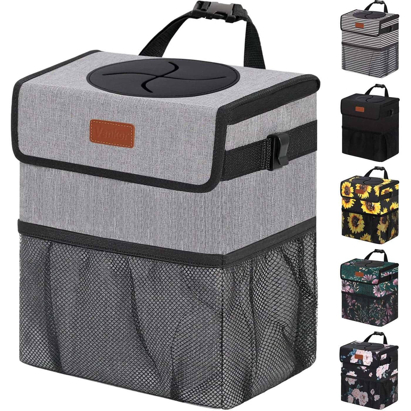 Vankor 3 Gallons Car Trash Can with Lid Car Trash Bag Bin Hanging Waterproof Automotive Car Garbage Cans Leak Proof Vehicle Trash Can Grey