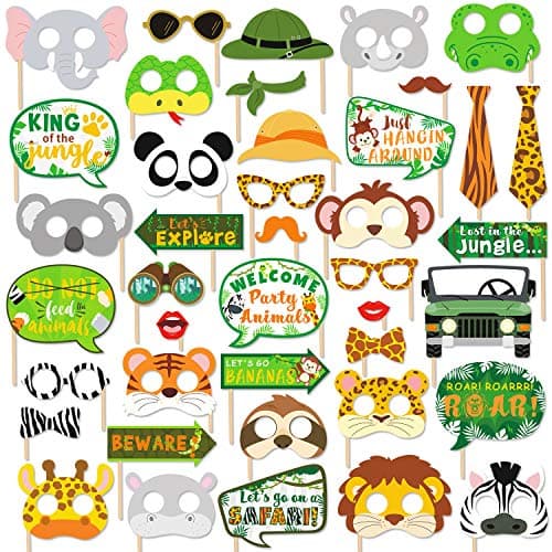 Festiko®41 Pcs Jungle Safari Photo Booth Props Wild Animals Forest Themed Party Props Kit for Jungle Safari Kids Birthday Party Decorations Supplies