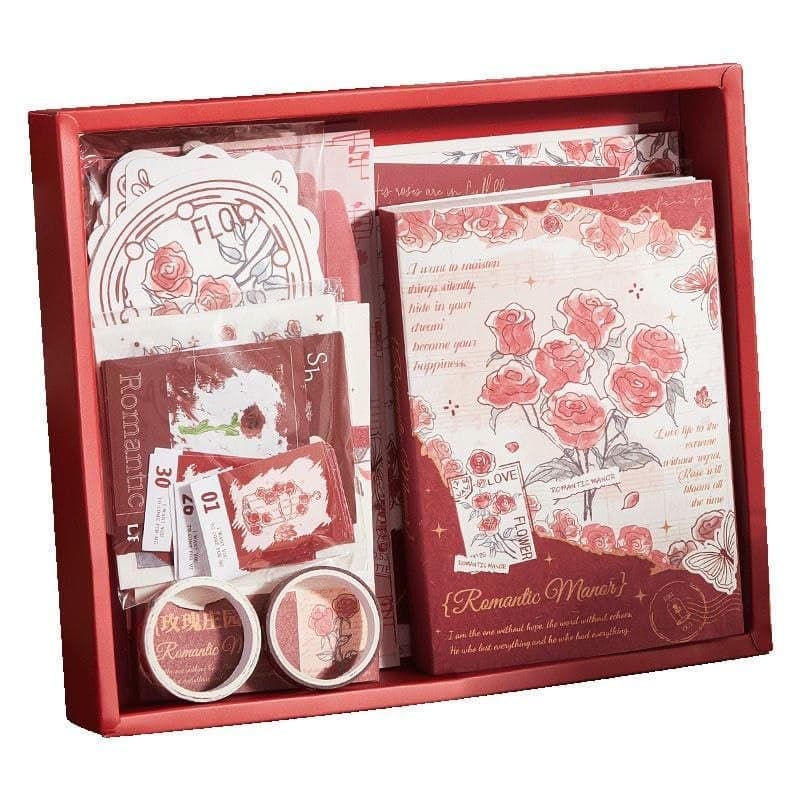 Invite Enterprise 346PCS Vintage Scrapbook Kit Aesthetic Junk Journal Set with Stickers, Washi Tape & A6 Notebook with Decorative Paper Stationery (Romantic Manor Love-Red)