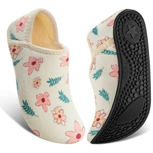 ATHMILE House Slippers for Women Men Indoor Barefoot Slippers Socks Furry Slip on House Shoes Cozy Comfy for Home Bedroom Travel Yoga Women 6.5-7.5 Beige Flower
