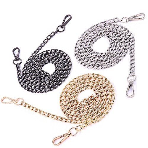 Swpeet 3Pcs Premium Polished Metal Chain Fashion 47 Inche Replacement Flat Chain Strap with Buckles Set, Perfect for DIY Metal Shoulder Cross Body Bag Hand Bag Purse Replacement(Gold+Silver+Gun-Black