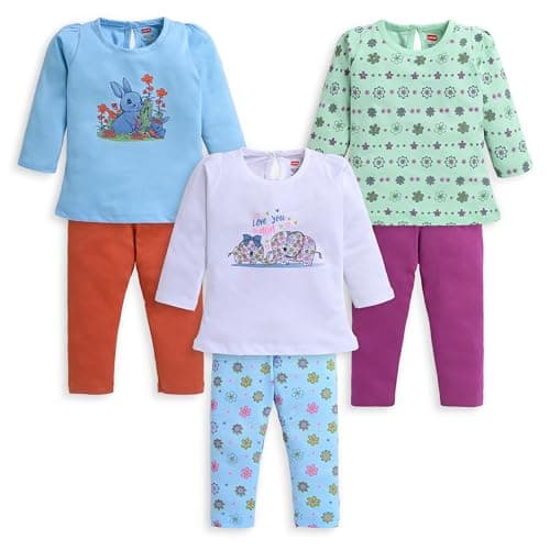 LuvLap Girls 100% Cotton Pack of 3 Full Sleeve Top & Pyjama Set, L (6 to 12 Months), Assorted