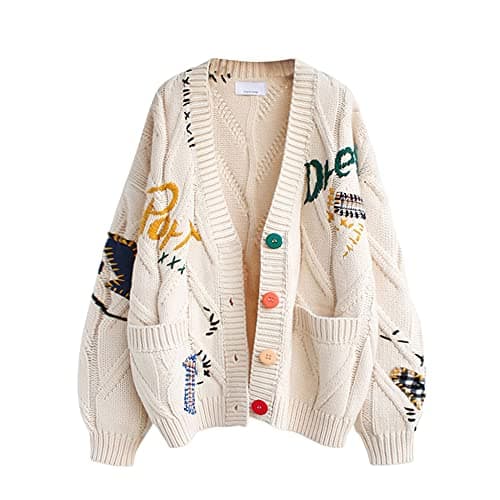 Women's Cable Knit Long Sleeve Open Front Cardigan Sheep V-Neck Button Down Embroidery Wool Blend Sweater Coat Outwear (2XL,Beige)
