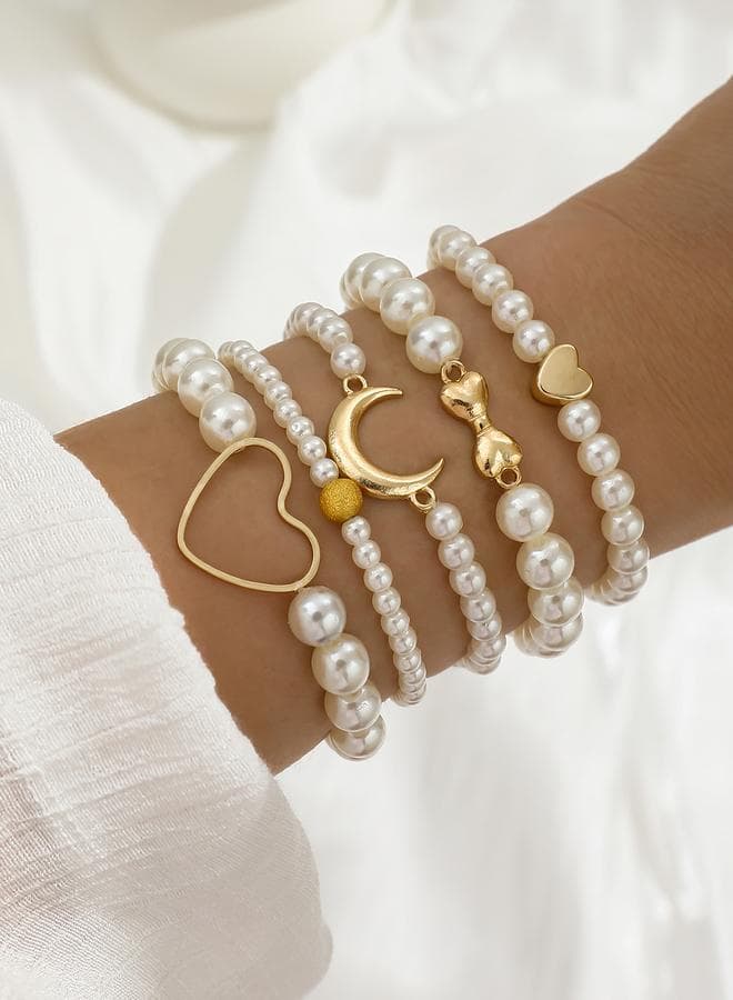 Take Two Set of 5 - Faux Pearl Heart Decor Bracelets