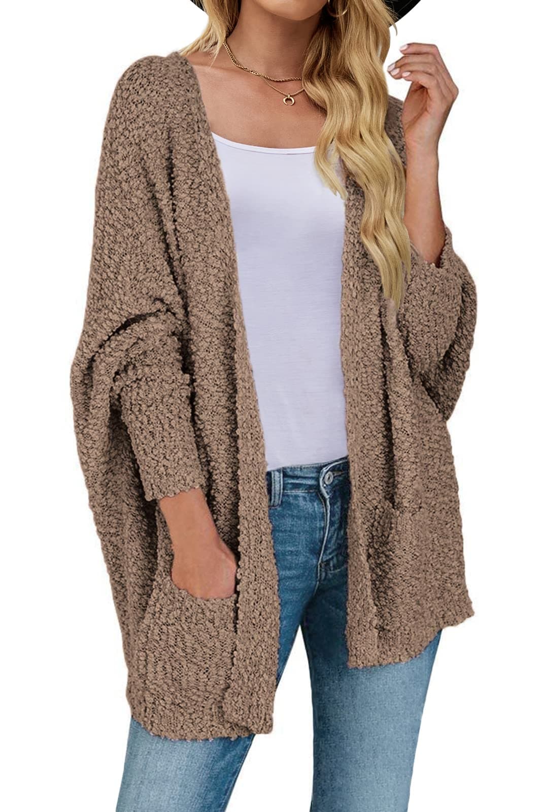 MEROKEETY Womens 2025 Winter Fuzzy Popcorn Batwing Sleeve Cardigan Knit Oversized Sherpa Sweater Coat Mocha Small