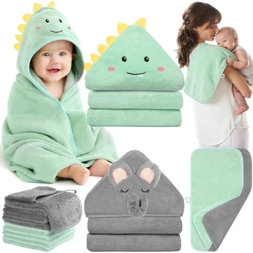 Flasoo 12 Pcs Baby Towel Set Soft Baby Bath Towels and Washcloths Set 2 Pcs Hooded Baby Towel 2 Pcs Baby Burp Cloths and 8 Pcs Baby Washcloths for Infants Toddlers and Kids Dinosaurs Elephants