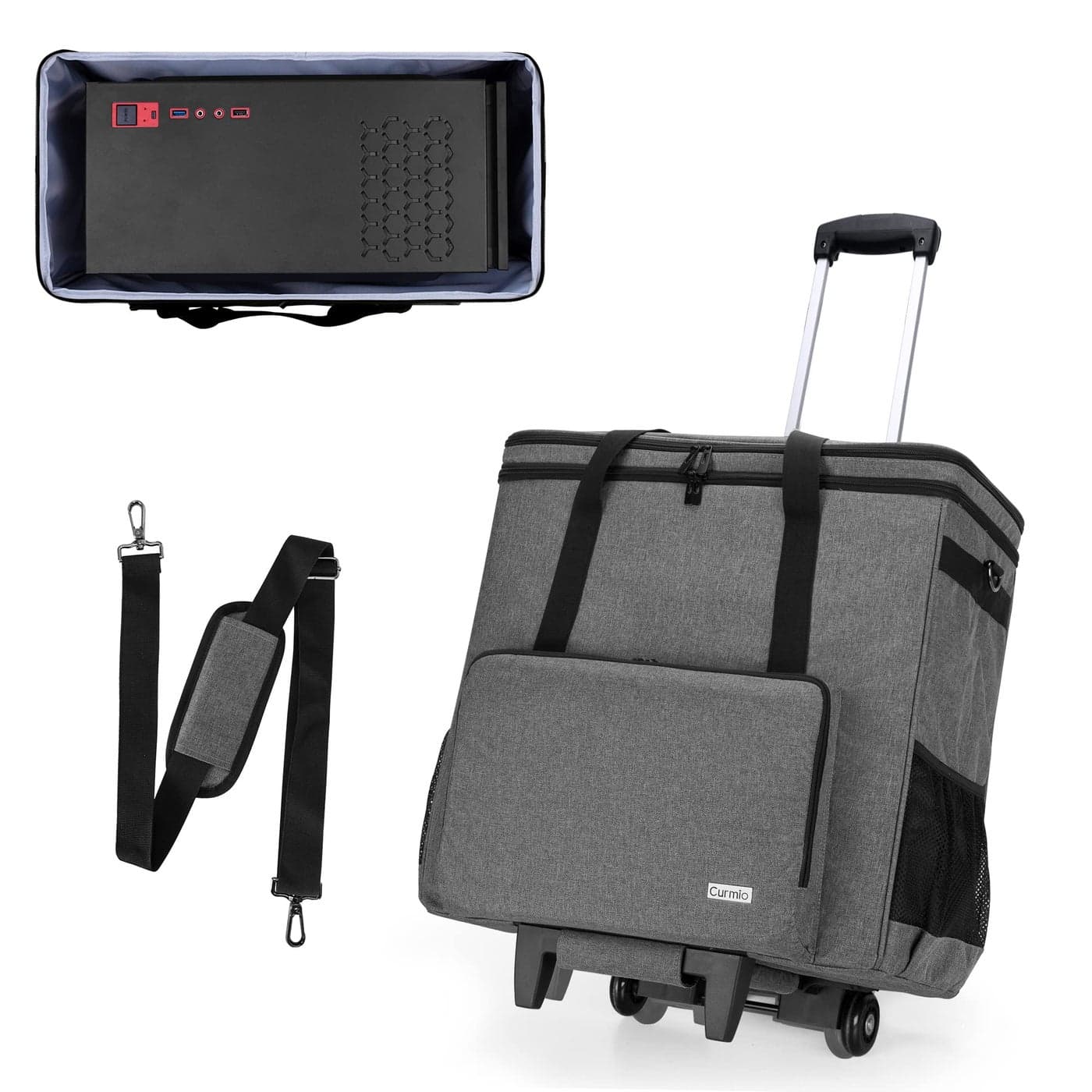CURMIO Rolling Desktop Computer Carrying Case, Double Layers Computer Tower Travel Bag with Wheels for PC Chassis, Keyboard and Mouse, Gray (Bag Only, Patented Design)