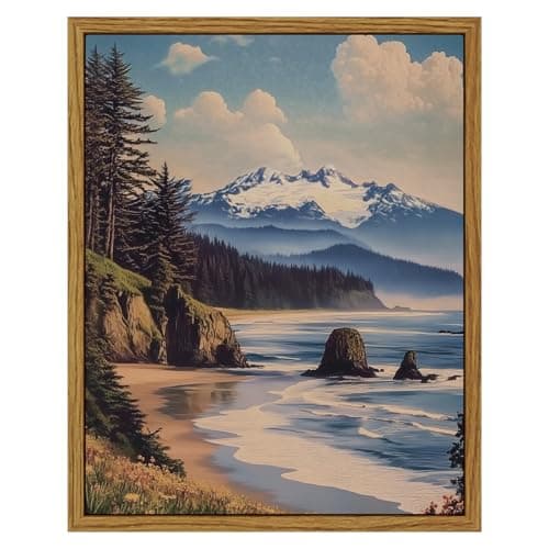 InSimSea Framed Canvas Wall Art, Vintage National Park Art for Living Room Hallway Shelf, 10x8in, Olympic Coastal Landscape Painting, Rustic Cozy Mid Century Small Nature Decor