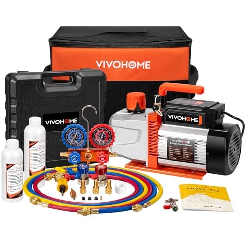 VIVOHOME VG Series AC Vacuum Pump and Gauge Set, 1/2 HP 5CFM 2 Stage HVAC Vacuum Pump and 3 Way Manifold Gauge Kit with 5ft Hoses for R134a R12 R22 R502 R410a Auto HVAC Systems Commercial Use