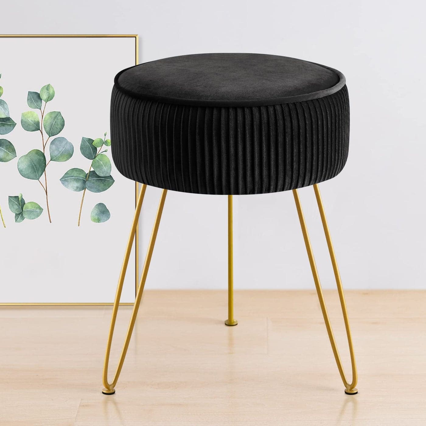 GERANT Multifunctional Vanity StoolModern Vanity Stools for Makeup RoomVelvet Round Ottoman Footrest Stool with Metal Legs Upholstered Pleated Vanity Chair Stool for Living RoomOfficesBlack