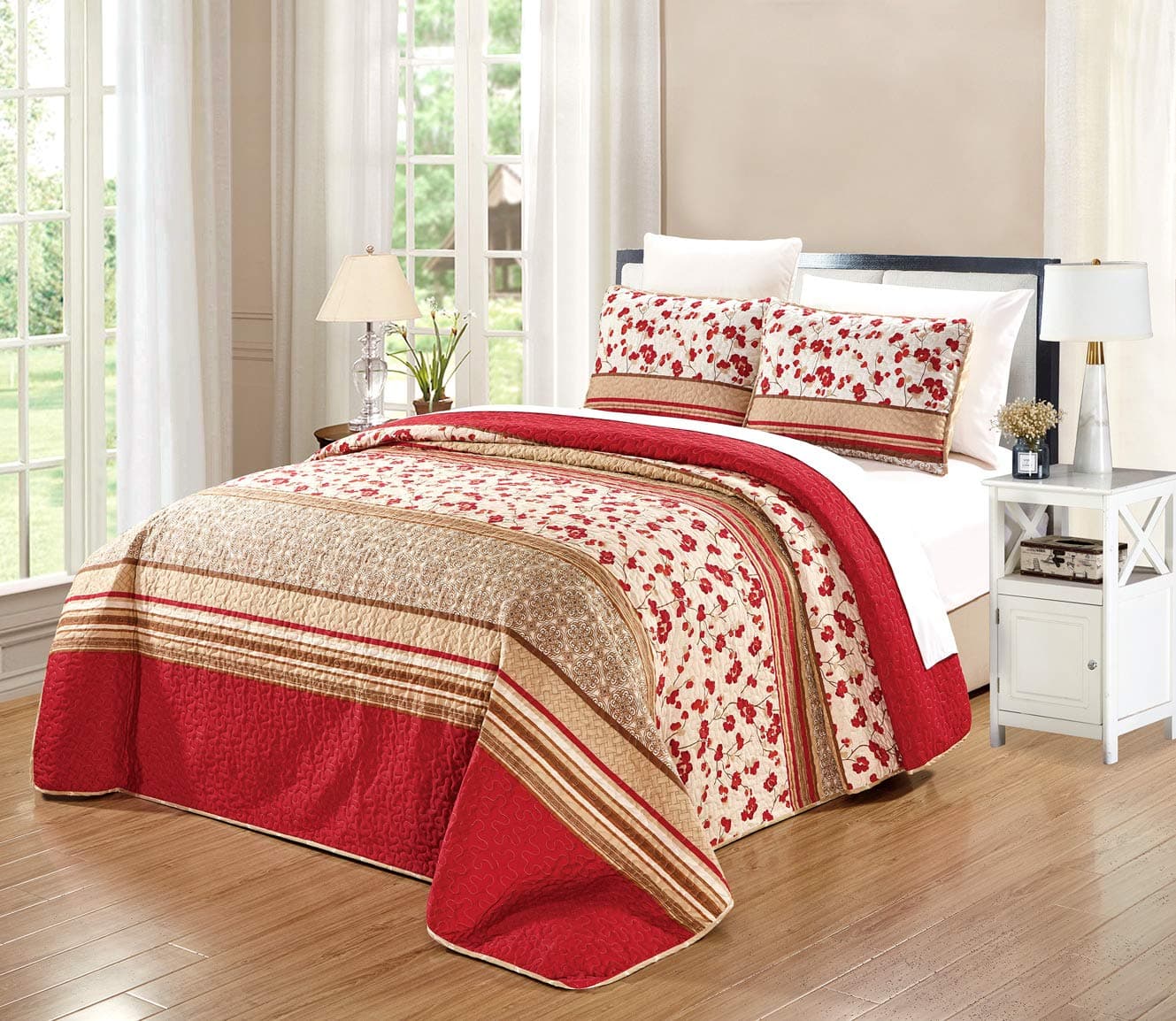 Grand Linen 3Piece Fine Printed Oversize 115 X 95 Quilt Set Reversible Bedspread Coverlet King Size Bed Cover Red Beige Brown Floral