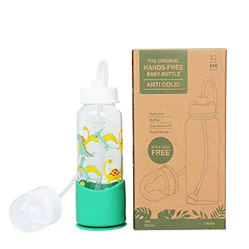 HandsFree Baby Bottle AntiColic Nursing System 7 oz Glass Baby Bottle with Fast Flow NippleTeat 3m with Tube Straw Feeding System for Toddler 1 Bottle Dinosaur