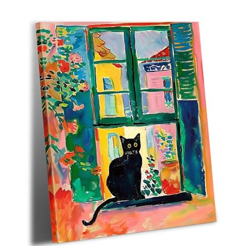Henri Matisse Black Cat Canvas Wall Art Framed, Matisse Open Window Print Cute Cat Poster Gallery Aesthetic Room Decor for Bedroom Bathroom, Kawaii Preppy Room Decor for Teen Girls 12x16inch