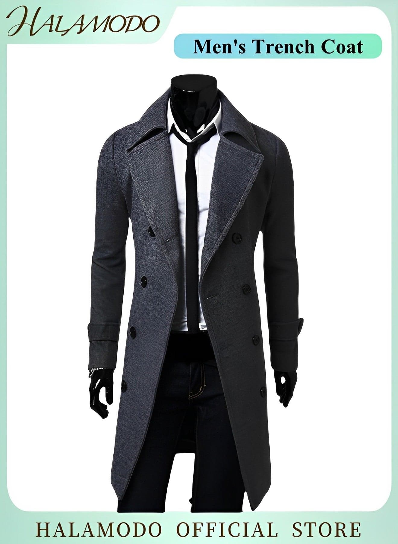 Men's Trench Coat Wool Blend Pea Coat Notched Collar Double Breasted Overcoat with Pockets Warm Winter Long Steampunk Coat