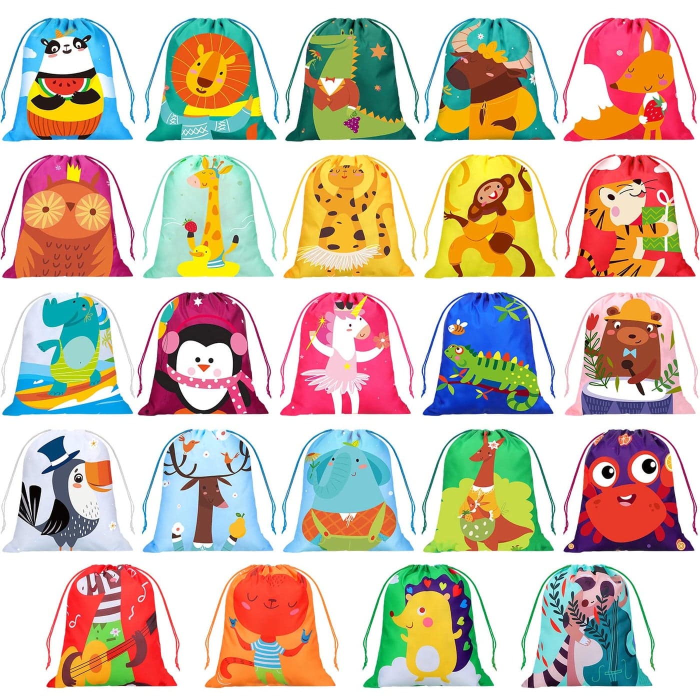 WILLBOND 24 Pack Drawstring Party Favor Bags for Kids Safari Animal Cartoon Candy Goodie Return Gift Bags for Kids Birthday Party Jungle Animal Back to School Halloween Holiday Baby Shower Supplies