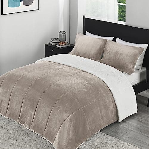 downluxe Ultra-Soft Micromink Sherpa Queen Comforter Set Sand - Plush Warm Fall Winter Blanket & Bedding Comforter Sets (1 Comforter, 2 Pillow Shams)