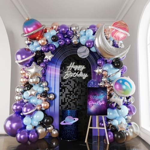 Galaxy Space Balloon Garland Kit 140pcs purple blue black Outer Space Astronaut Moon Star Diy 4D planet Balloons for girl two the moon birthday decorations Kids Party Supplies