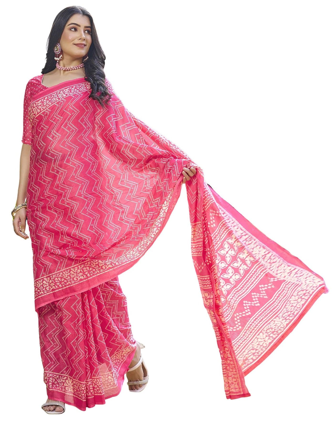 SIRIL Women's Pure Cotton Printed Ready To Wear Saree, One Minute Stitched Saree With Unstitched Blouse Piece (3394S303_Pink)