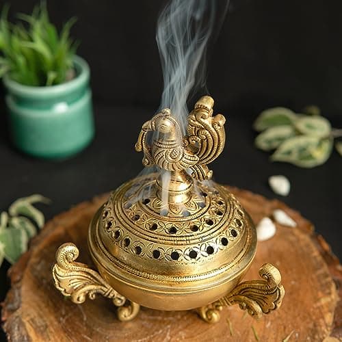 Jaszz Art Brass Peacock Design Dhoop (6in and 1 kg) Dani Pot | Loban Burner |Bakhoor Holder | Antique Dhoop Batti Stand | Pooja Items | Incense Holder Burner for Home Office Living Pooja Puja Room