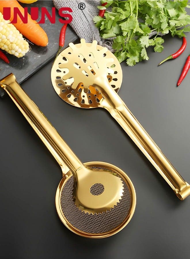 Kitchen Tongs Set,2 Pack Stainless Steel Kitchen Tongs With Screen Filter,Locking Metal Barbecue Tongs For Cooking Pans And BBQ,Golden