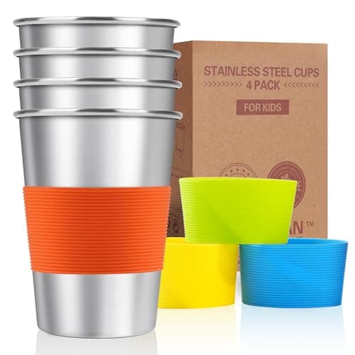 MUMIGUAN Stainless Steel Cups for Kids with Silicone Sleeves 78oz230ml 4 Pack Stainless Steel Tumbler Kids Cups Camping Stainless Steel Cups Stackable Durable Metal Drinking Glasses BPA Free