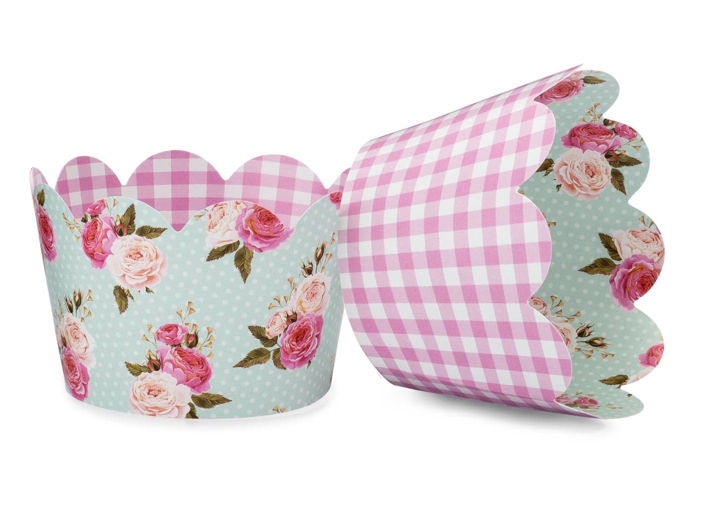 Shabby Chic Floral Cupcake Wrappers for Girls Birthday Parties, Boho Parties, English Tea Party Baby or Bridal Showers and Weddings. Set of 24 Reversible Pink Gingham, Vintage Floral Cup Cake Holder