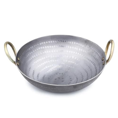VISMAY'S 1.5 Litre 10.25 Inch Food Grade Iron Kadai India’s 1st Smooth Edge kadhai Strong Riveted Handle Traditional Frying Pan Wok Hammered Heavy Base Metal Spoon Friendly Works on Gas and Induction