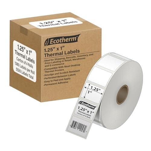 1.25" x 1" Thermal Labels | 4 Rolls | 5520 Labels | fits Zebra, Godex, Arkscan, iDPRT, Offnova Thermal Label Printers and More | Blank White Adhesive Stickers by Ecotherm