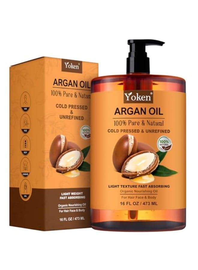 Yoken Pure Argan Oil 16 fl oz 100 Natural Cold Pressed Argan Oil for Hair Face Skin Scalp Body Care Origin from Morocco Unrefined Fast Nourishing Hair Oil Skin Moisturizer Carrier Oil