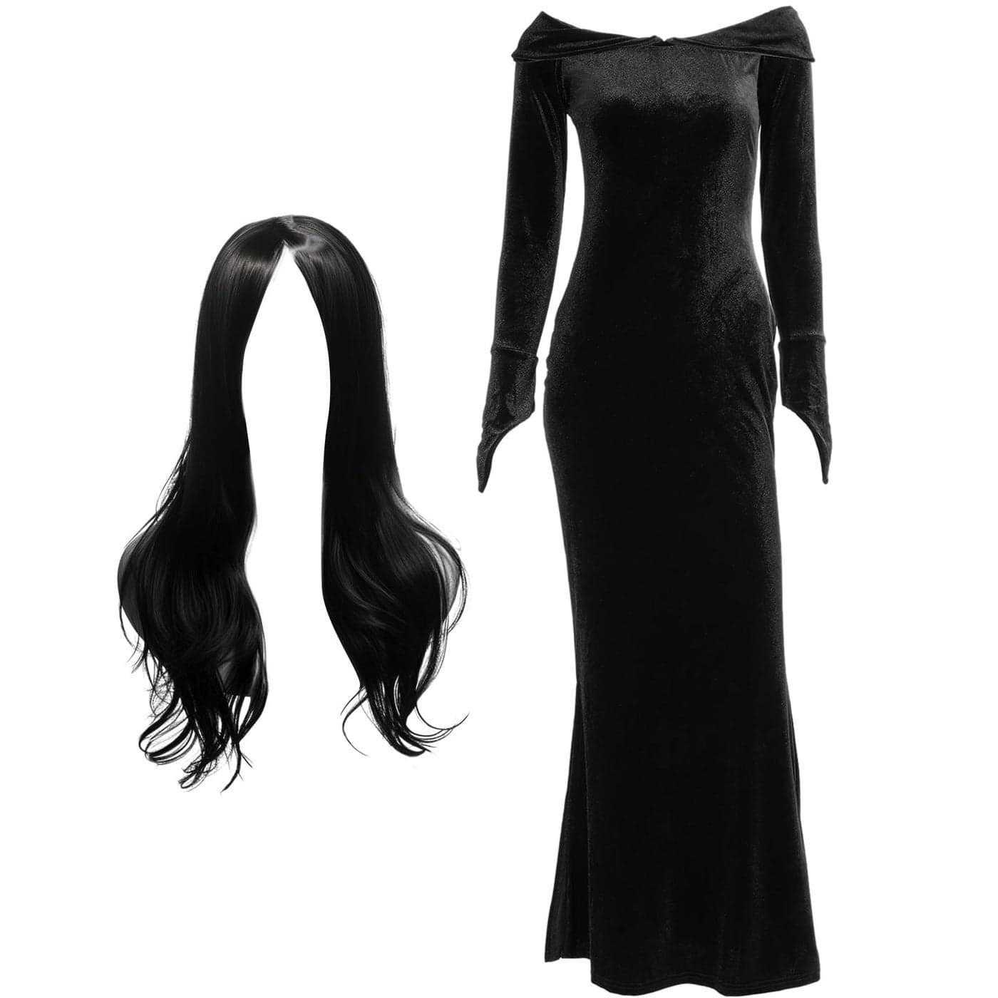 Sureio Morticia Addam Costume Women Dress Halloween Witch Costume V Neck Long Sleeve Bodycon Dress Black Wig Addam CosplaySmall