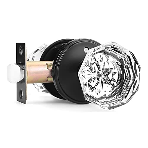 Orger 1 Pack Glass Door Knob with Flat Black Rosette, Bath/Bed Door Knob for Privacy Use, Keyless Interior Door Handle with Diamond Shape Crystal Glass and Zinc Alloy Base