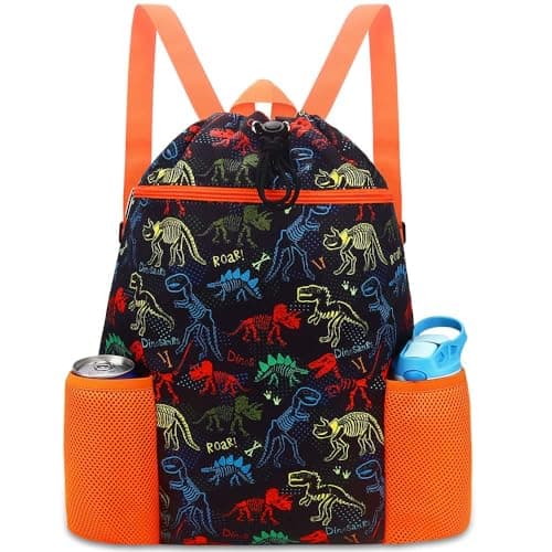 RHCPFOVR Dinosaur Drawstring Backpack for Kids - Drawstring Bags for Girls Swim Bag for Beach Swimming Pool Lightweight Draw String Bags Waterproof Sports Gym Bag With Two Water Bottle Holder