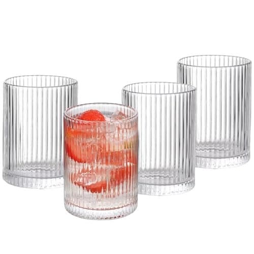 WHJY Ribbed Glassware Highball Glasses Unique Everyday Drinking Glasses Short Glasses Cups Set of 4 for Cocktail, Whiskey, Beer, Juice - 8.8oz 3.7"