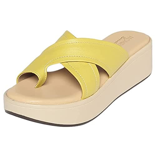 MONROW Fancy and Stylish Extra Cushioning and Comfortable Fashionable Light Weight Allday Wear Vegan Wedge Heels for Women and Girls Yellow 3UK