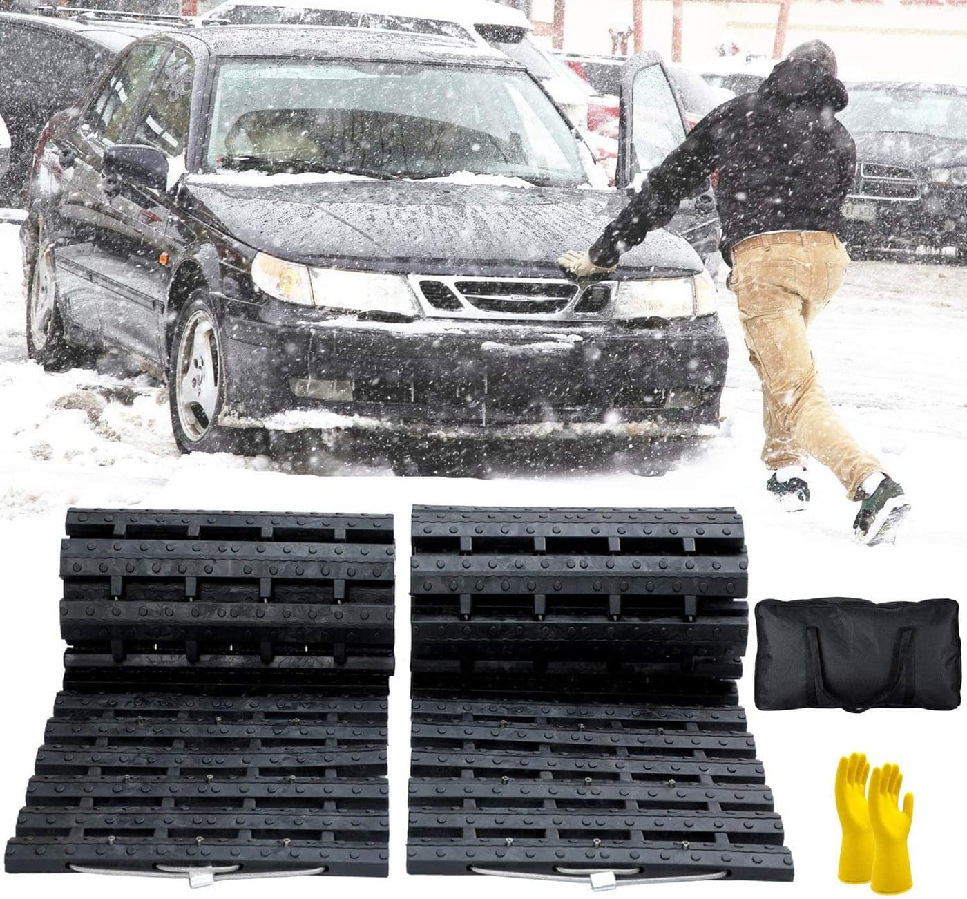 JOJOMARK Tire Traction Mat Recovery Track Portable Emergency Devices for Pickups Snow Ice Mud and Sand Used to Cars Trucks Van or Fleet Vehicle 2pcs39in